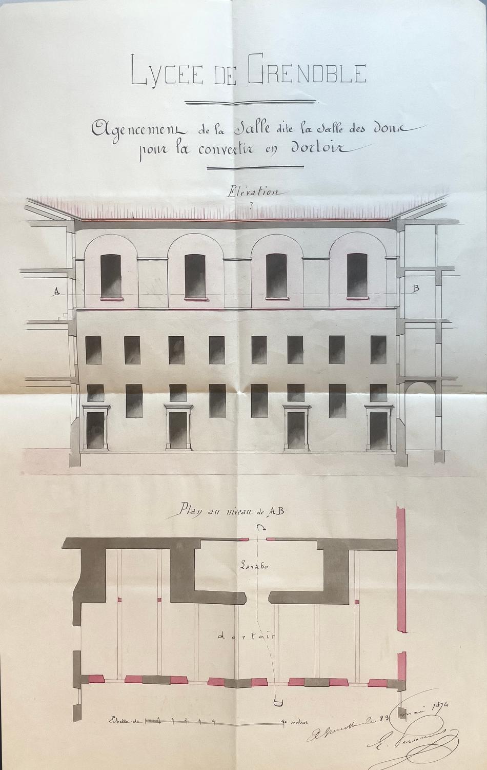 Deuxième projet pour la façade de l'aile est de la cour d'honneur par Péronnet, 23 mai 1874 (ACM Grenoble, 4 M 96)