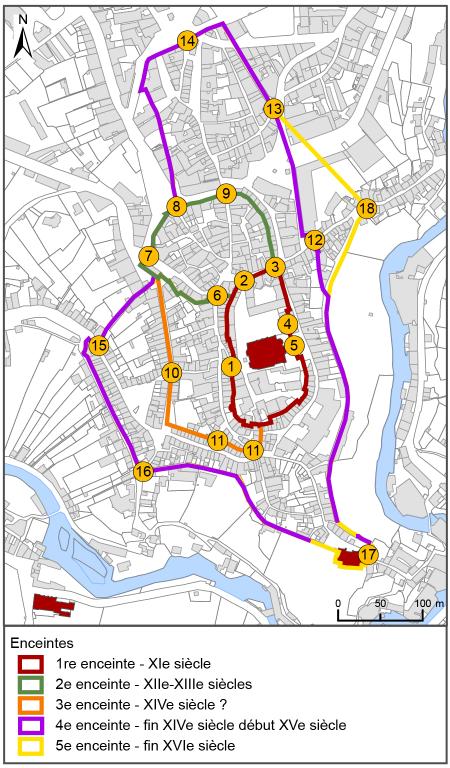 Tracé schématique des enceintes successives et emplacement des portes de ville.