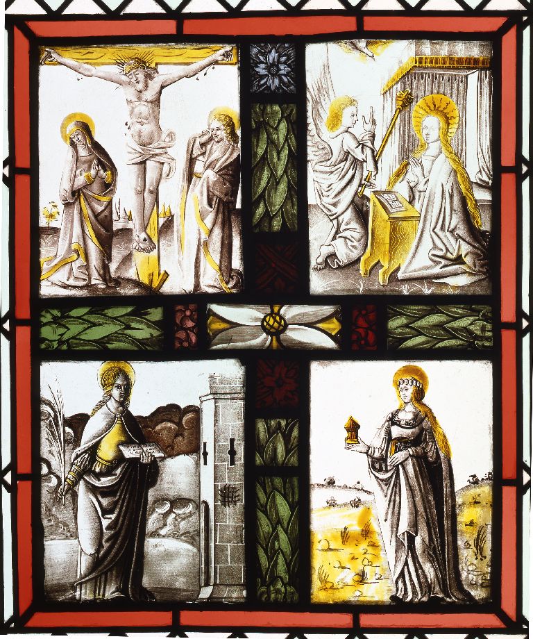 Verrière (rondel) : calvaire, Annonciation, saint barbe, sainte Marie-Madeleine, verrière figurée