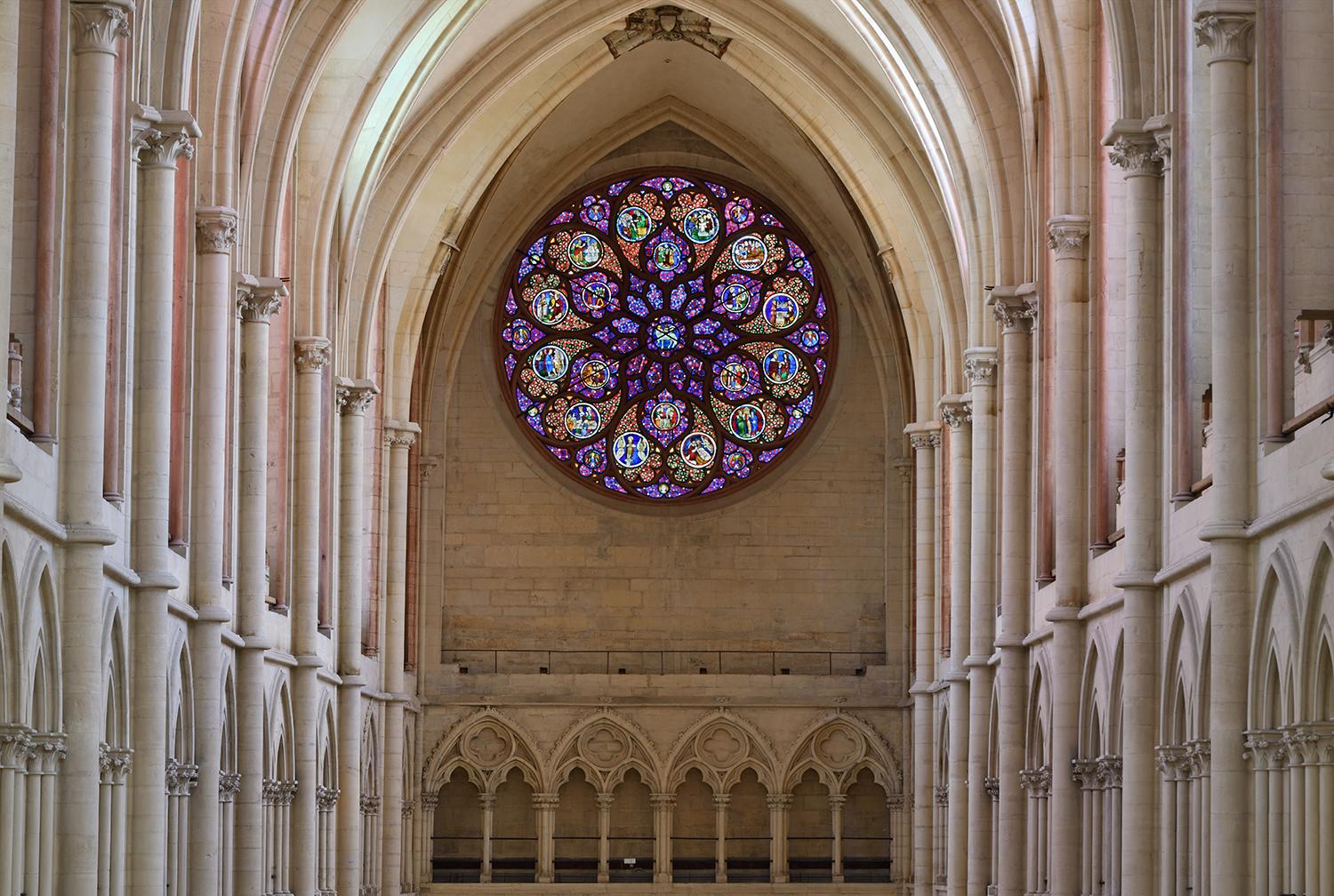 Verrière (baie 133 : rose ouest) : vie de saint Etienne et de saint Jean-Baptiste, verrière figurée