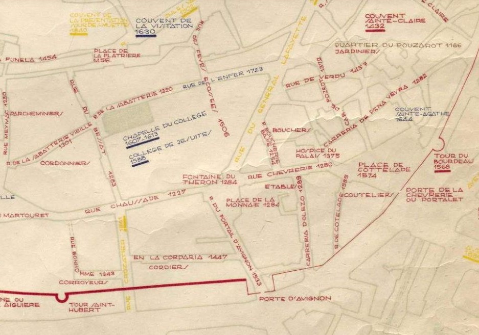 Plan de la ville du Puy du Moyen Age au 20e siècle, détail : îlot du collège et voirie ancienne (AD Haute-Loire, 1 Fi LE PUY 12)