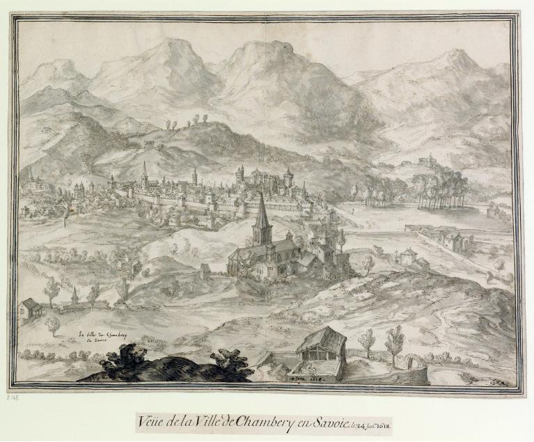 Vue de la ville de Chambéry en 1618, par E. Martellange (B.n.F., Est., RESERVE UB-9-BOITE FT 4)