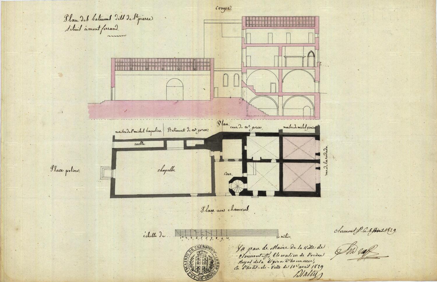 Plan et coupe des bâtiments dits de Saint-Pierre, par Louis-Charles Ledru, 1829 (AD Puy-de-Dôme, 33 Fi 113 4)