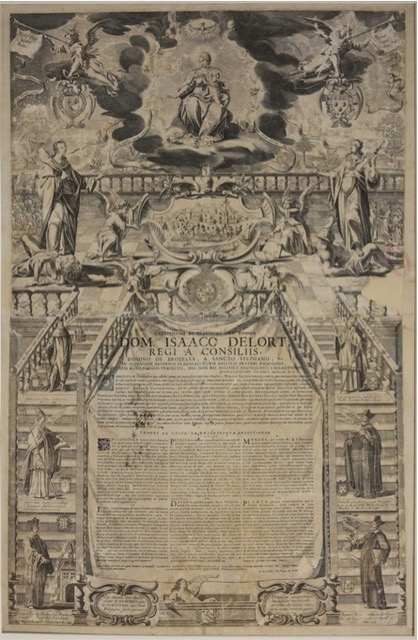 Affiche de thèse de philosophie par J. Ganière, 1640 : dans le cartouche, vue de la ville d'Aurillac (AD Cantal, 449 F 1)