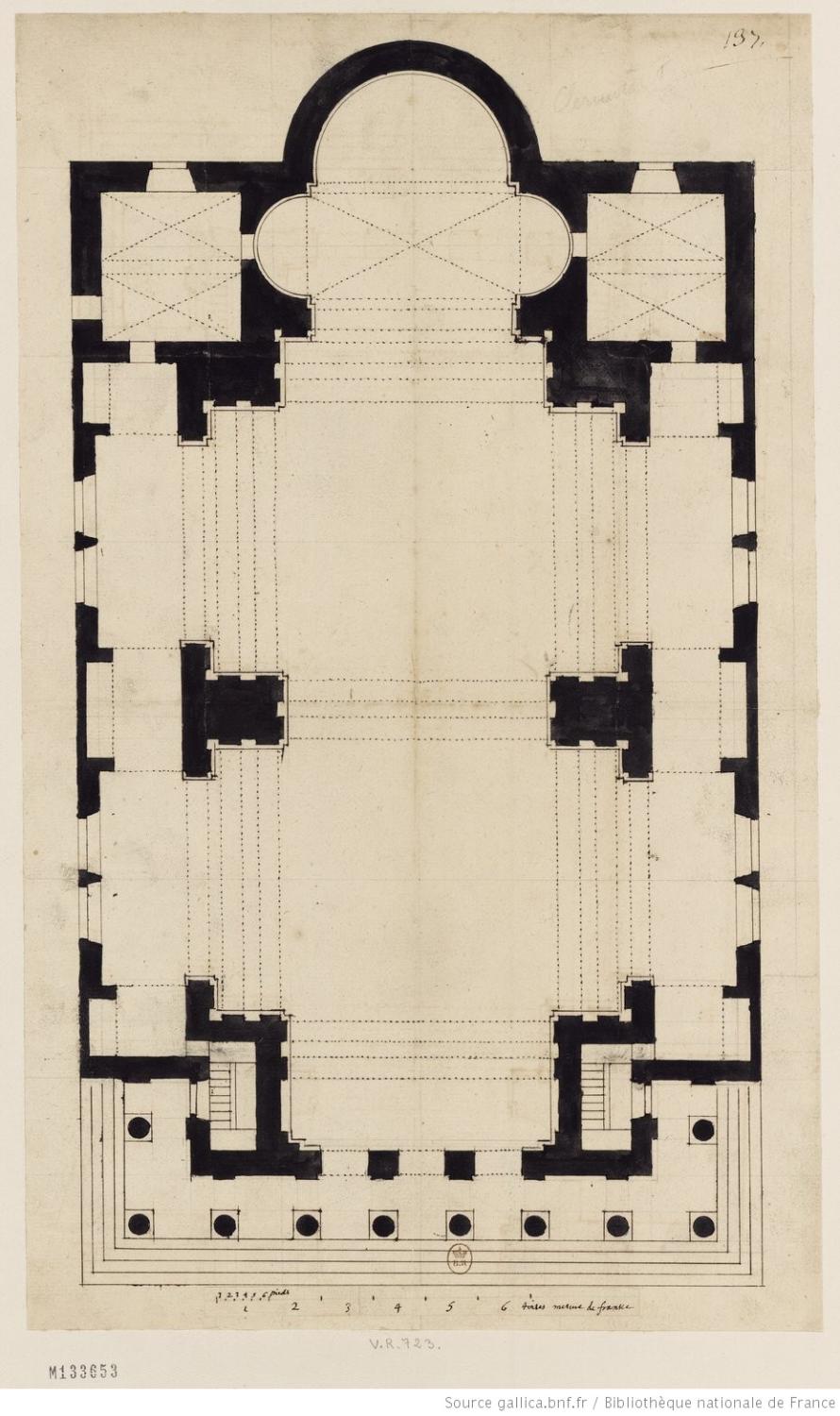 Projet non réalisé pour l'église du collège, v. 1684 : plan, par PIerre Chenuau (B.n.F., Est., FOL-HD-4 (9))