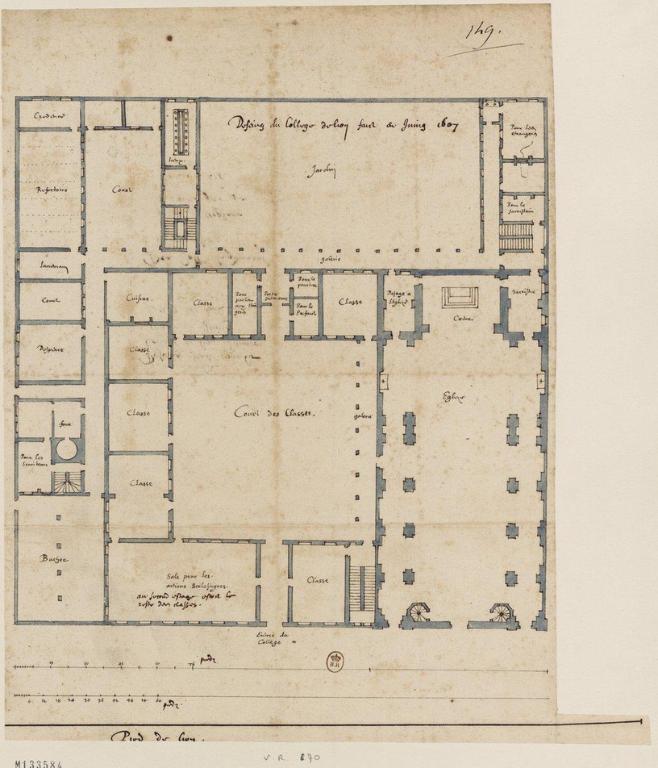 Projet d'ensemble comprenant le plan de l'église, par E. Martellange, 1607 (BnF, Est. FOL-HD-4(8))