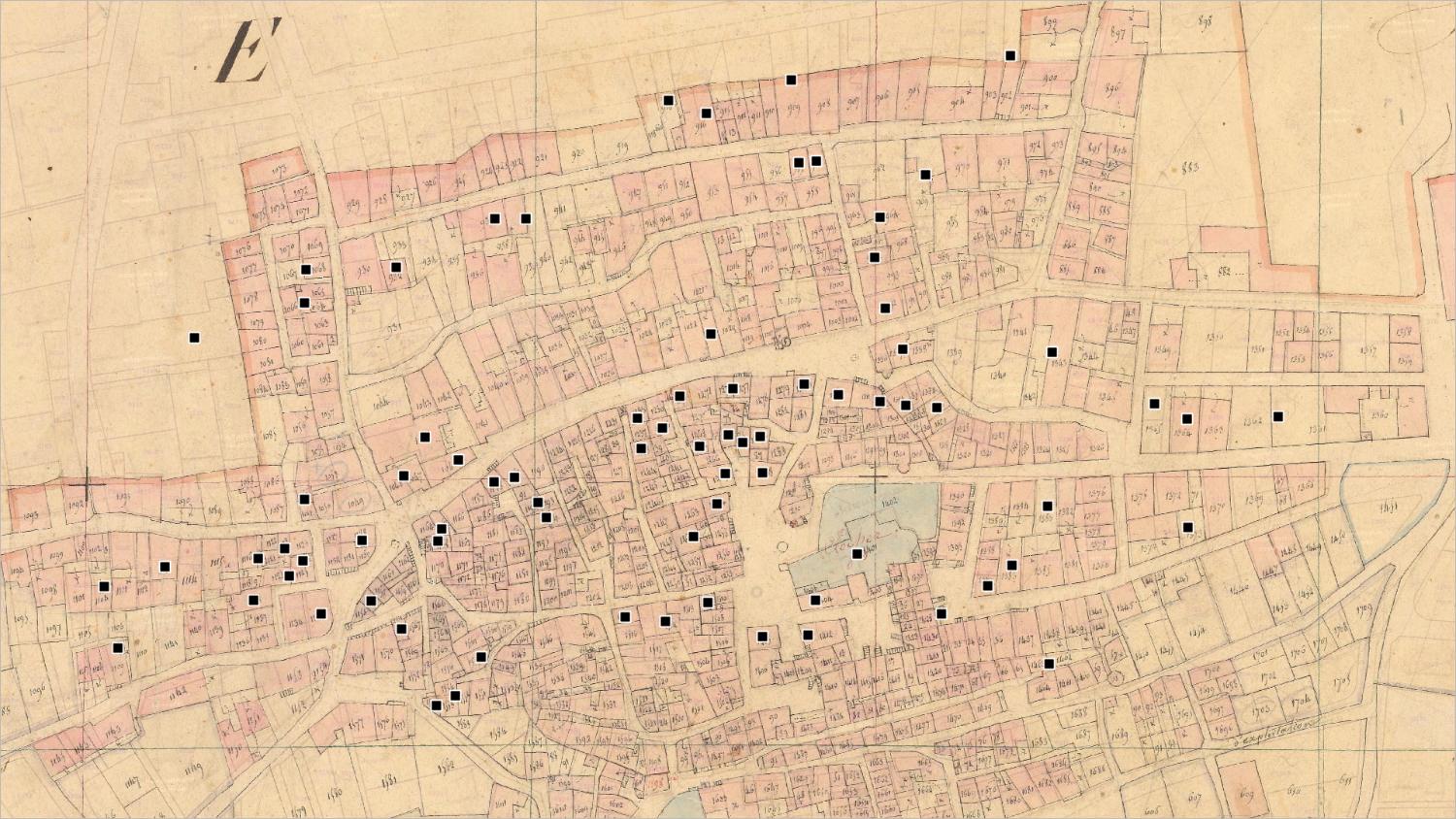 Commune de Beaumont : localisation des maisons vigneronnes (cadastre dit napoléonien, 1831, AD Puy-de-Dôme, 51 Fi 83)