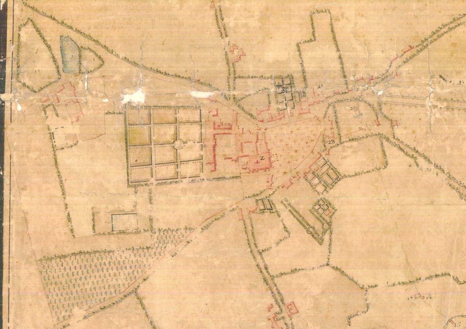 Plan de Moulins et de ses environs, 1763 : détail des terrains et bâtiments du prieuré des bénédictines (AD Allier, 1 C 22/2)