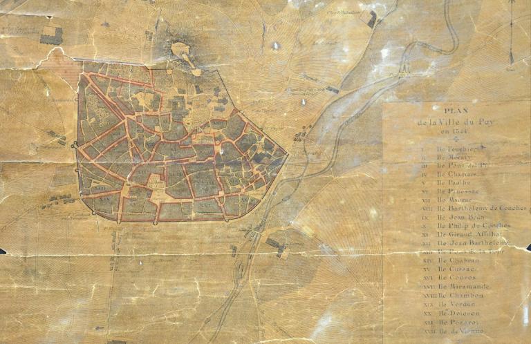 Plan de la ville du Puy en 1544 : sous le n° XVIII, l'île Chambon (AD Haute-Loire, 1 FI LE PUY 52)