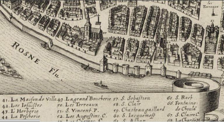 Eglise et collège, détail de la vue cavalière de Lyon "Lugdunum-Lyon", ap. 1620 (BnF, GED-3946) 