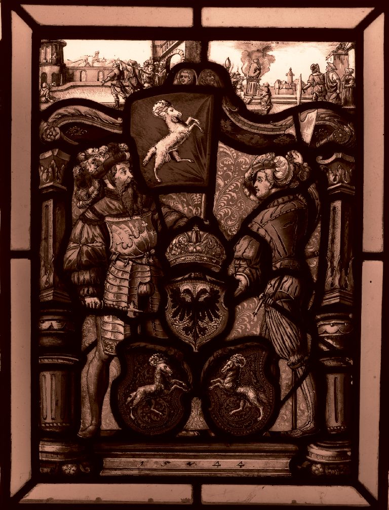 Verrière (vitrail suisse) : banneret et hallebardier (baie 2)