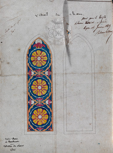 Ensemble de 6 verrières géométriques et d'une rose (baies 103 à 108, baie 117)