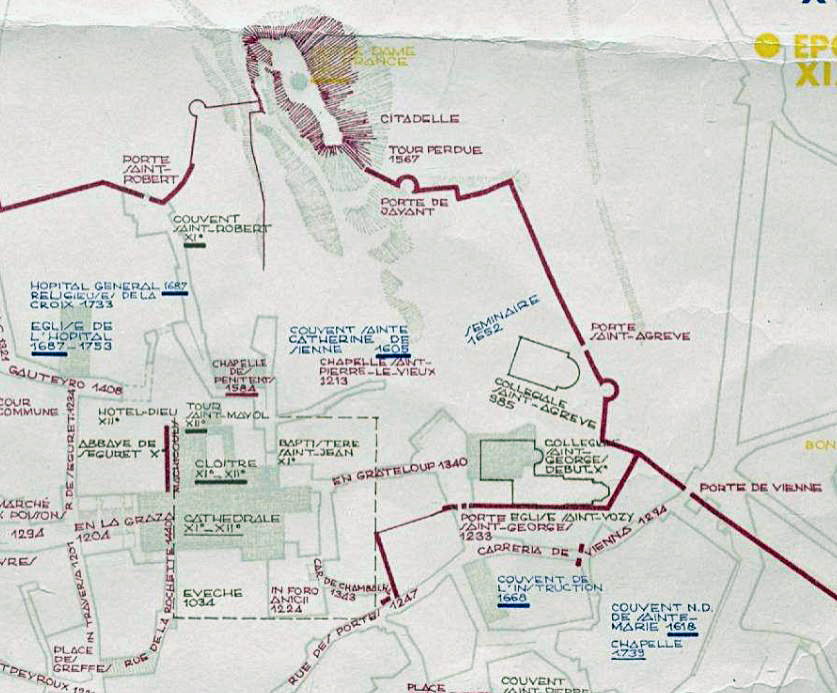 Plan de la ville du Puy du Moyen Age au 20e siècle, détail : 1er emplacement choisi par les jésuites autour de l'église Saint-Agrève