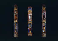 Ensemble de 5 verrières typologiques à personnages : le Christ et les évangélistes préfigurés par les prophètes (baies 0, 1, 2, 3, 4)