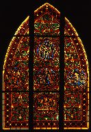 Verrière (vitrail archéologique) : la Cène, la trahison de Judas, le Crucifiement, la Crucifixion, la Descente de Croix (baie 29)