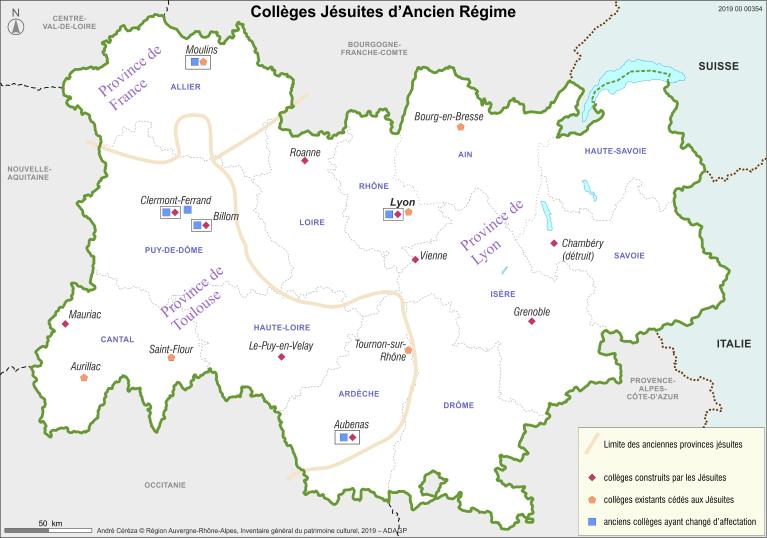 Carte des anciens collèges jésuites en Auvergne-Rhône-Alpes (Dess. A. Céréza)