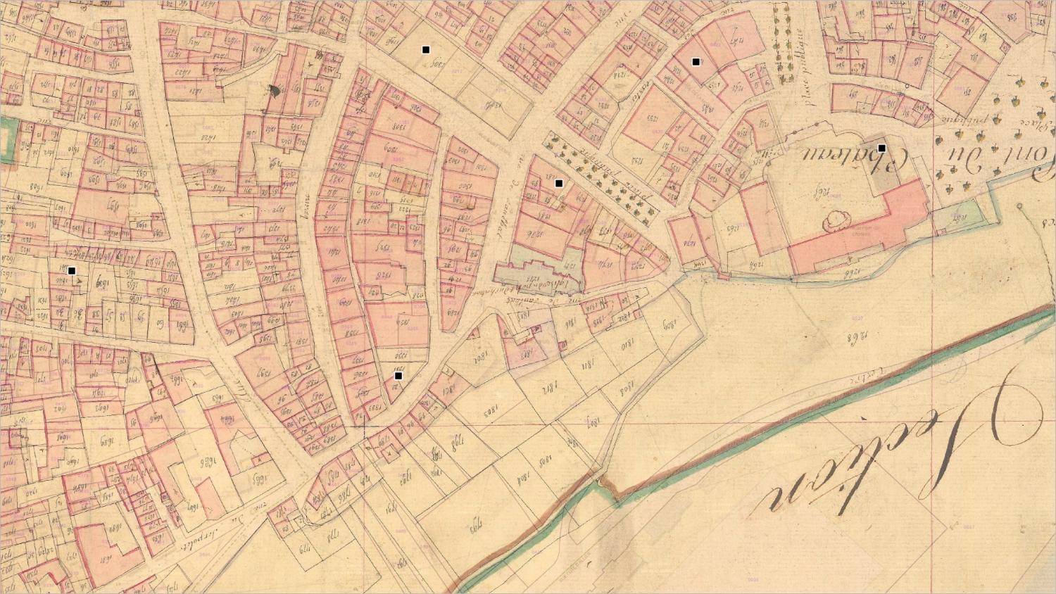 Commune de Pont-du-Château (sud) : localisation des maisons vigneronnes (cadastre dit napoléonien, 1825, AD Puy-de-Dôme, 51 Fi 958)