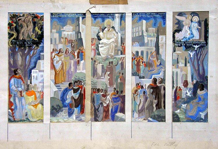 Peinture monumentale (ensemble de cinq panneaux peints) : Le Poème de saint Irénée
