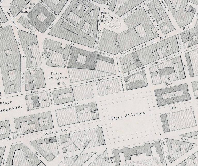 Plan de Grenoble en 1861 (détail) : implantation du lycée (B.n.F., Cartes et plans, GE C-6837)