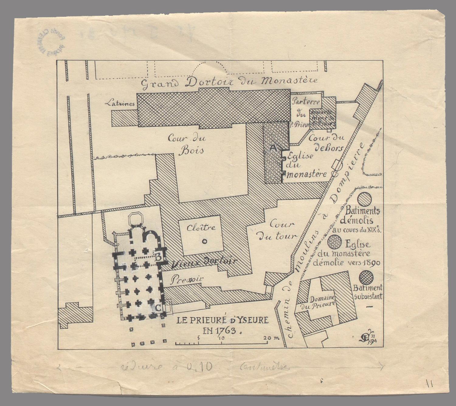 Restitution du plan du prieuré en 1763 par J. Clément, 1894 (AD Allier, 75 J 134 pièce 31, dépôt du diocèse de Moulins)