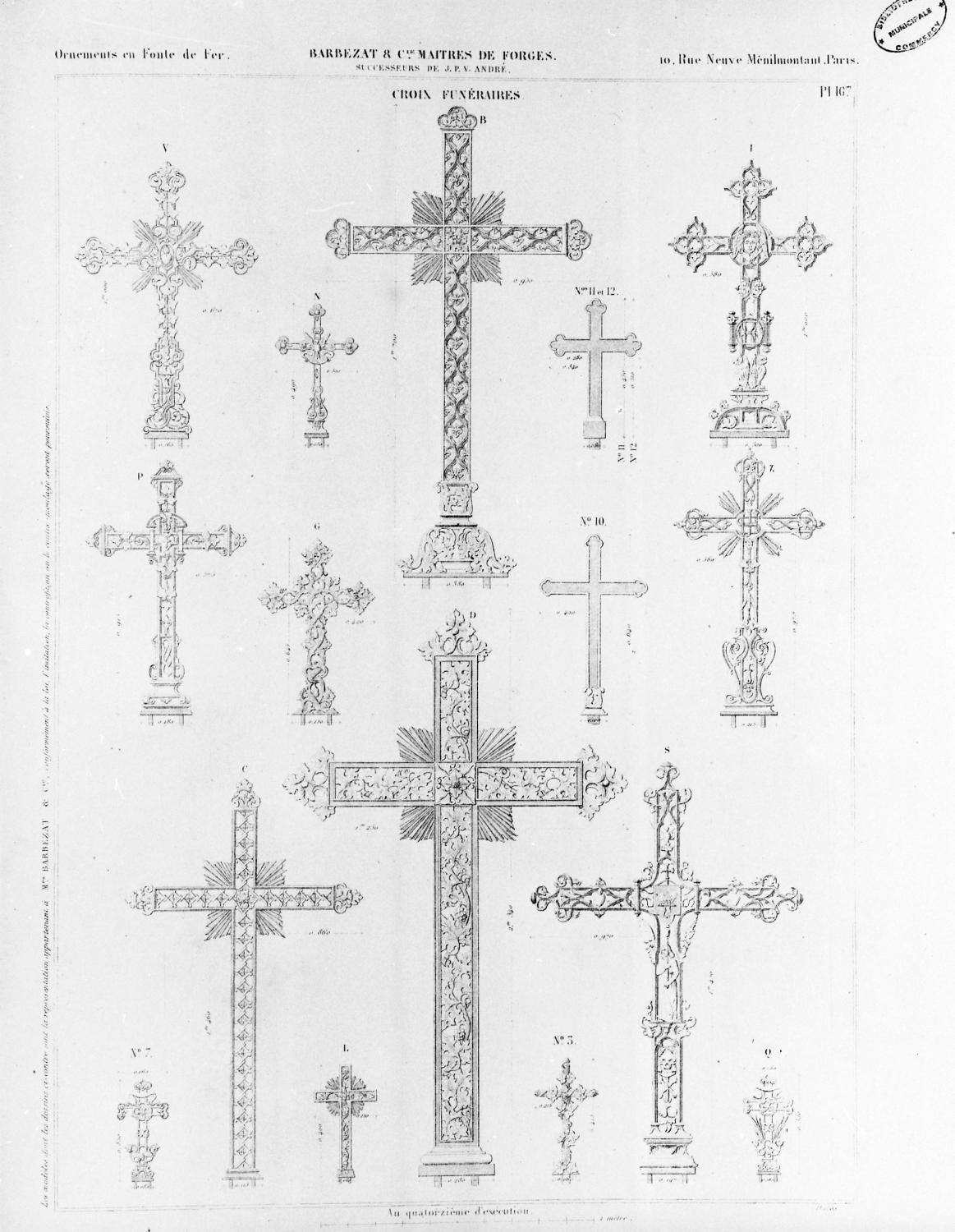 Dessins de croix de fonte dans le catalogue d'ornements en fonte de fer de Barbezat et Cie. 