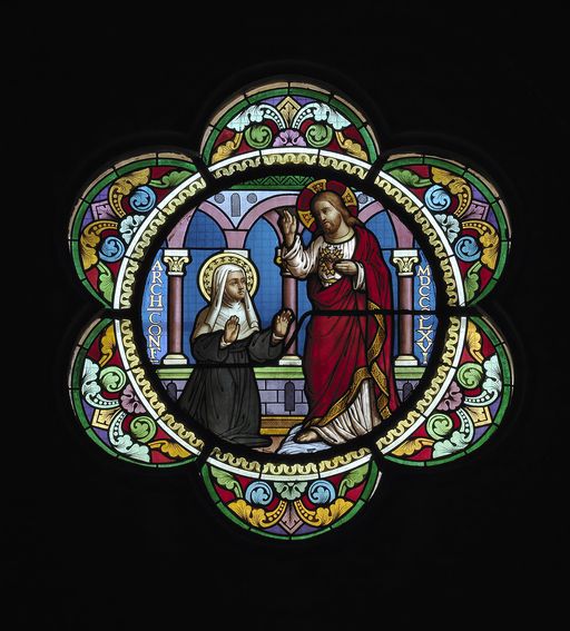 Ensemble de deux verrières : L'Apparition du Christ à Marguerite-Marie Alacoque et Le Mariage de la Vierge (baies 103 et 104)