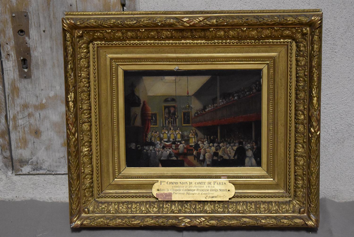 tableau : La première communion du Comte de Paris célébrée le 20 juillet 1850 dans la chapelle catholique française de Hings Street, Postman Square, Londres