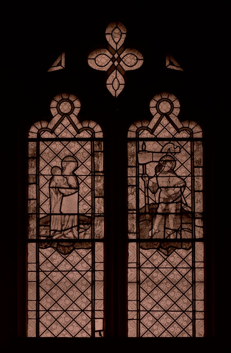 Verrière (vitrail archéologique) : Vierge à l' Enfant, saint Maurice (baie 0), verrière à personnages