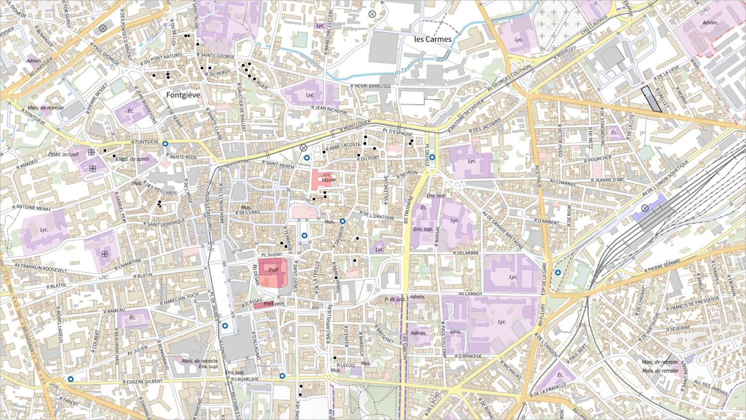 Commune de Clermont-Ferrand : localisation des maisons vigneronnes (carte IGN)