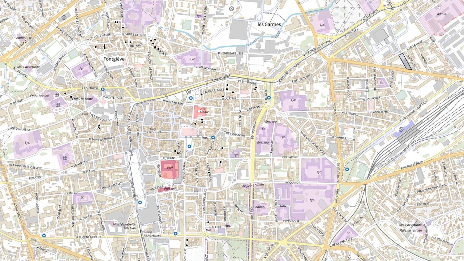 Commune de Clermont-Ferrand : localisation des maisons vigneronnes (carte IGN)