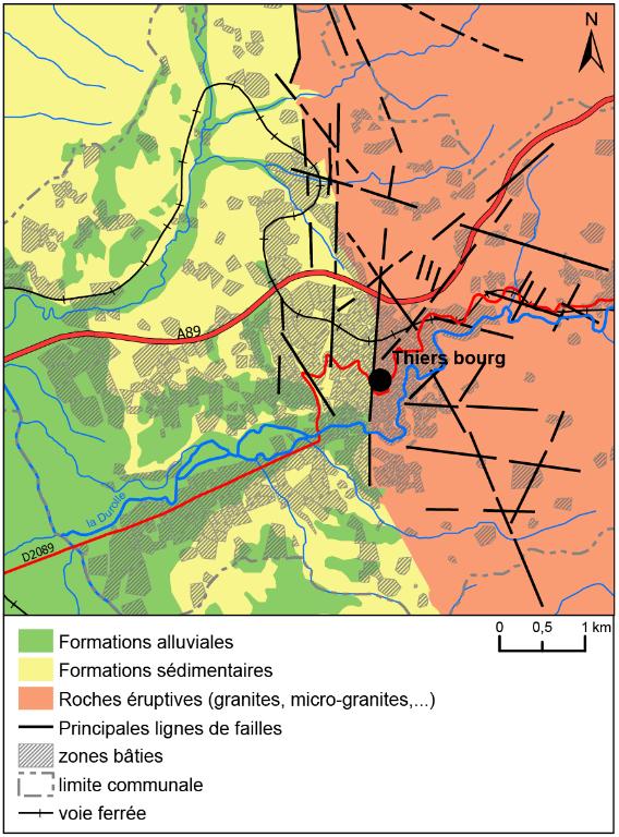 Carte géologique schématique des environs de Thiers.