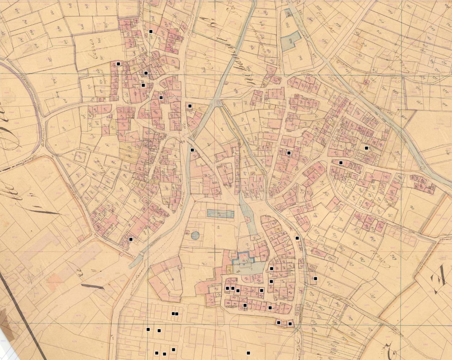 Commune de Nohanent : localisation des maisons vigneronnes (cadastre dit napoléonien, 1831, AD Puy-de-Dôme, 51 Fi 809)