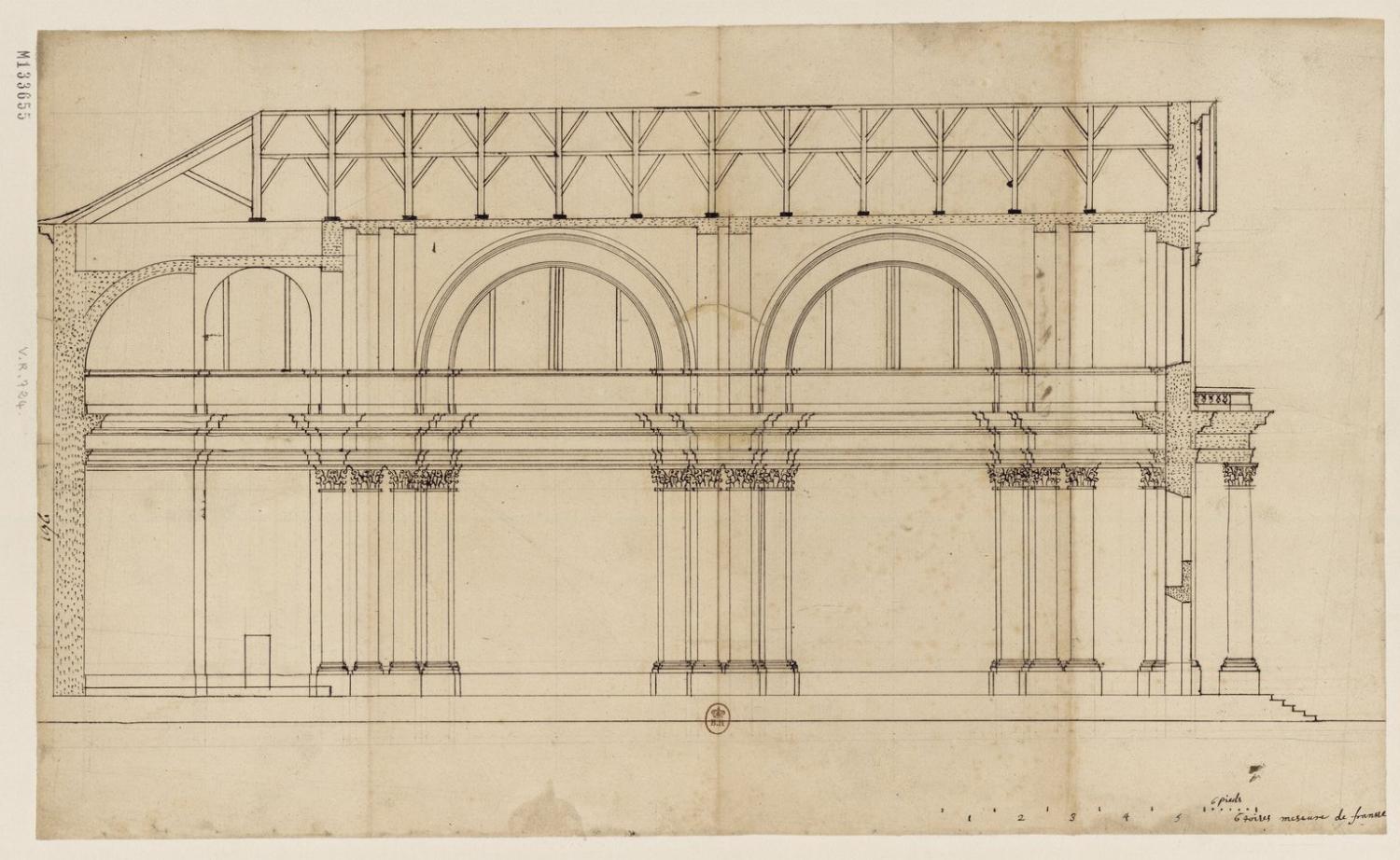 Projet non réalisé pour l'église du collège, v. 1684. : coupe, par Pierre Chenuau (B.n.F., Est., FOL-HD-4 (9))