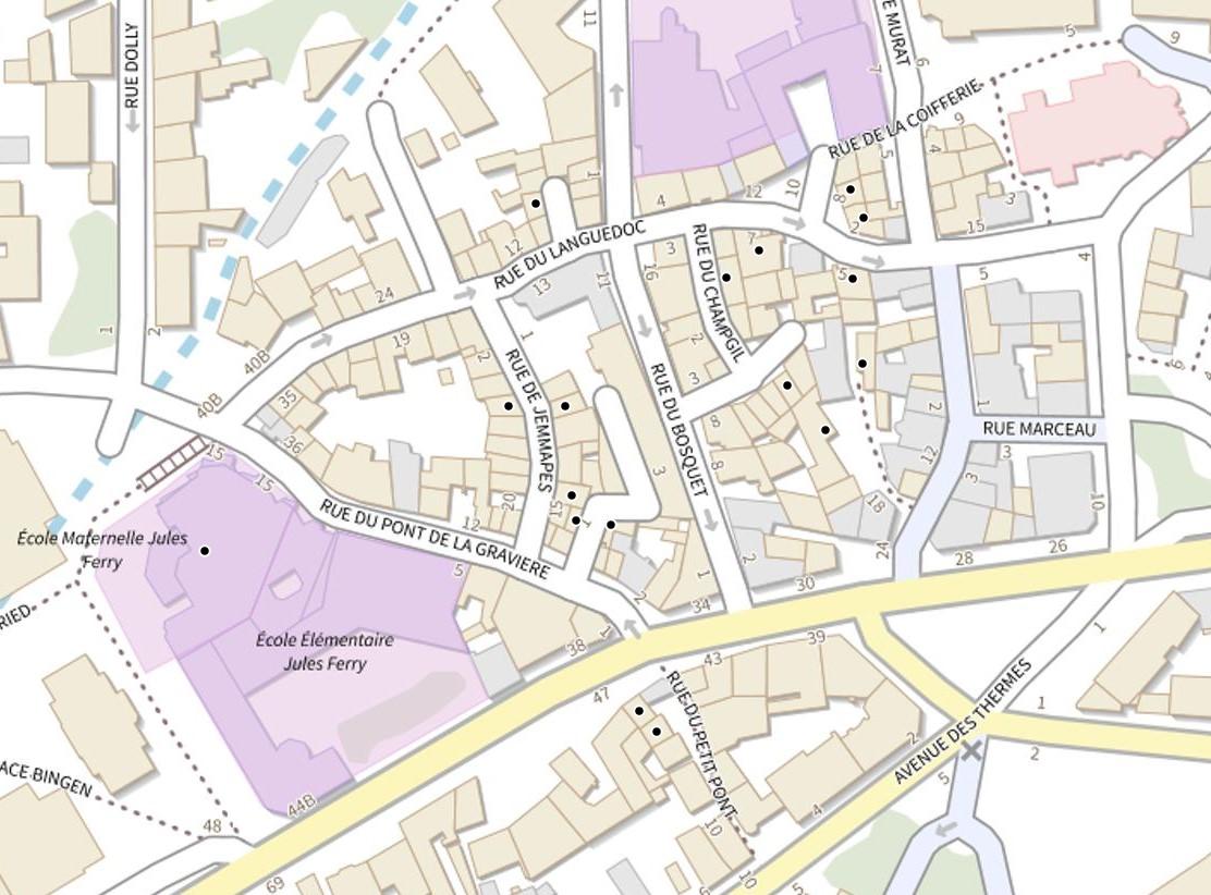 Commune de Chamalières : localisation des maisons vigneronnes (carte IGN)