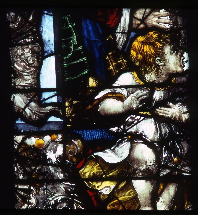 Verrière : flagellation, Ecce Homo, portement de croix, buste de saint (baie 1), verrière figurée