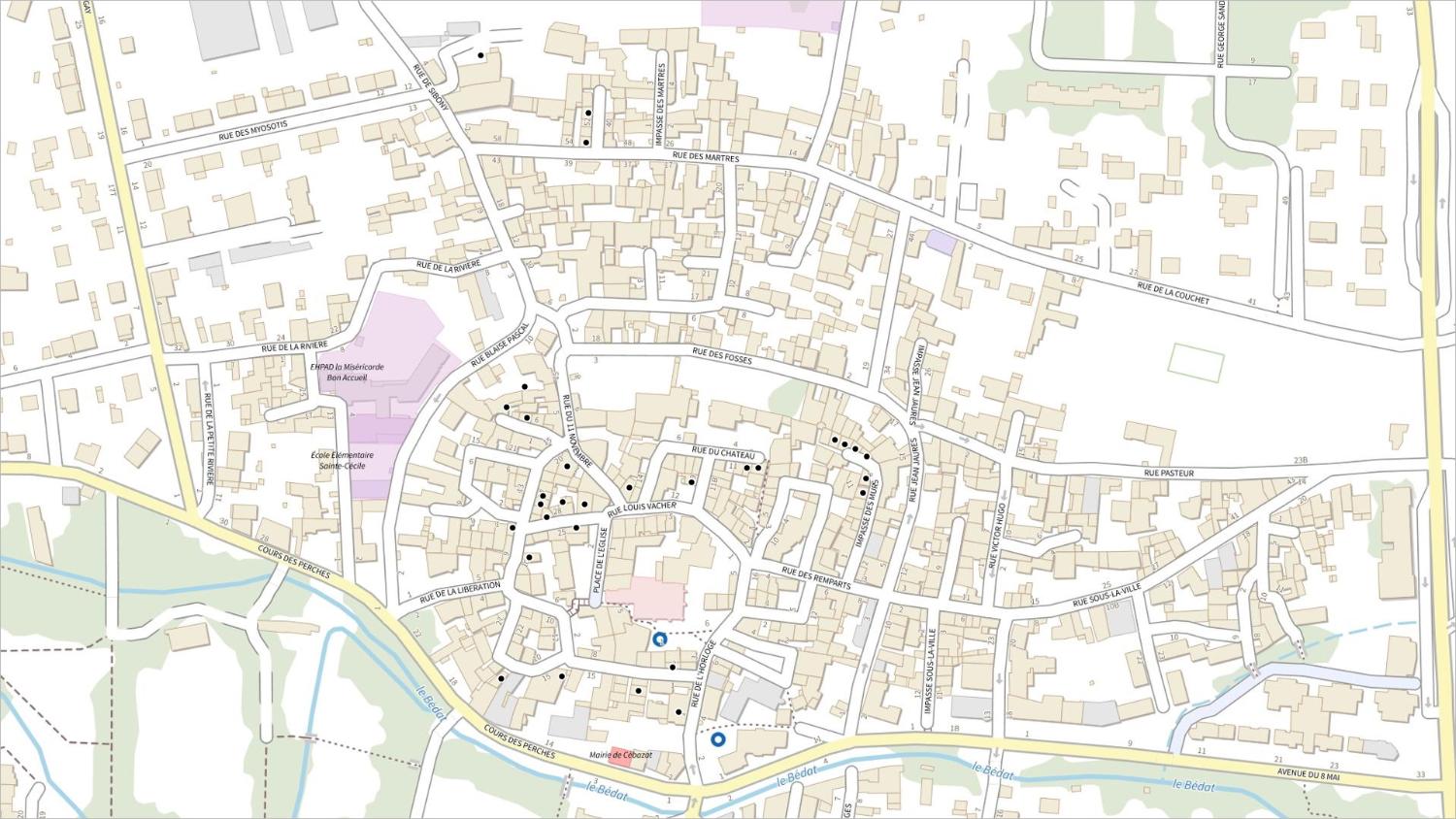 Commune de Cébazat : localisation des maisons vigneronnes (Carte IGN)