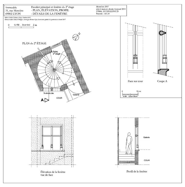 Immeuble, Plan de la deuxième volée de l'escalier. Coupe, profil et  élévation de la fenêtre du deuxième étage de la cage d'escalier  (IVR84_20176902229NUD) - Inventaire Général du Patrimoine Culturel