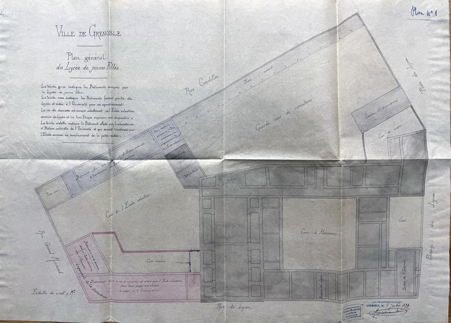 Plan masse du lycée en 1899 par M. Michon (AD Isère, 21 T 1734)