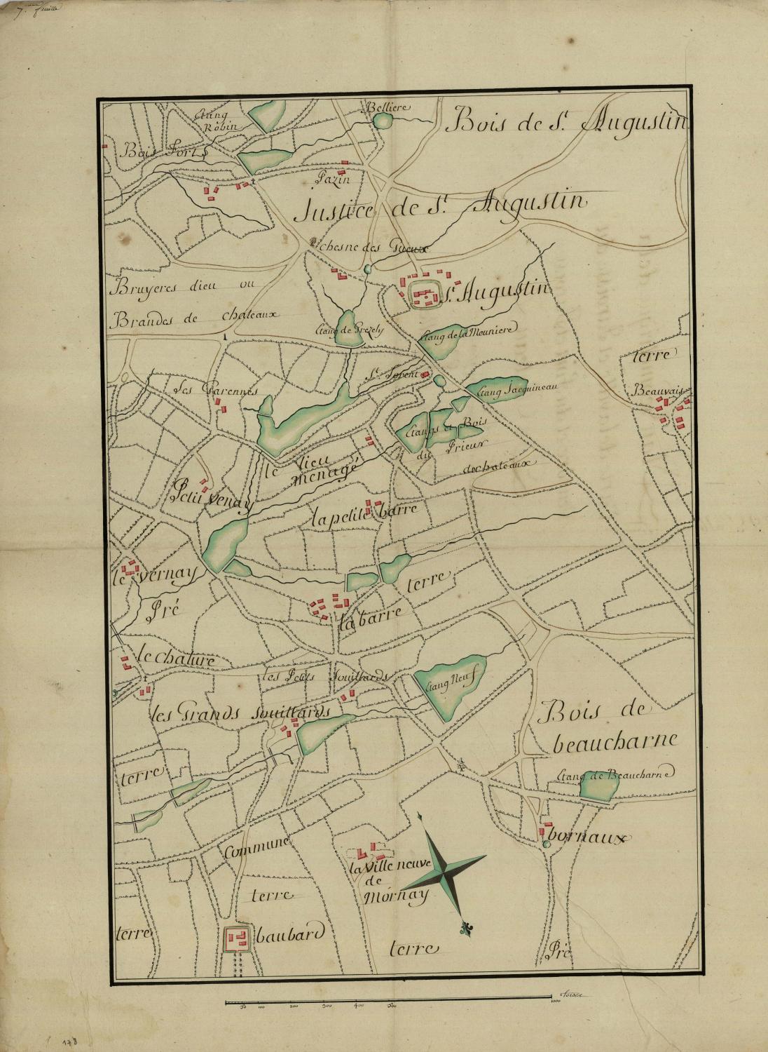 Plan géométrique de la carte de la ville et paroisse du Veurdre et du fort et paroisse de Chateaux", levé par le Sr Bourgault. 7e feuille, minute, en 1701.