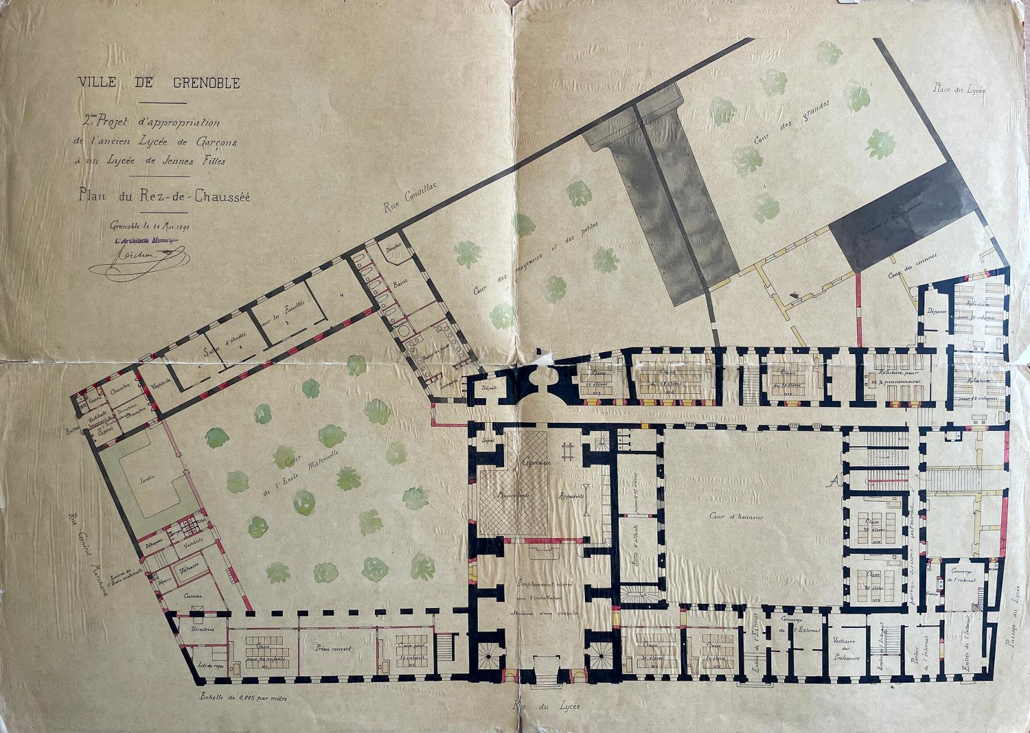 Reprise du 2e projet pour le lycée de jeunes filles : plan du rez-de-chaussée par M. Michon, 24 mai 1890 (ACM Grenoble, 4 M 100)