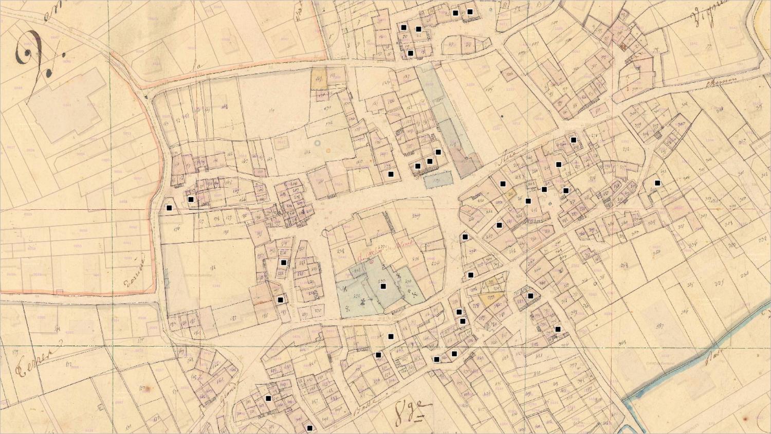 Commune de Blanzat (nord-est) : localisation des maisons vigneronnes (cadastre dit napoléonien, 1831, AD Puy-de-Dôme, 51 Fi 148)