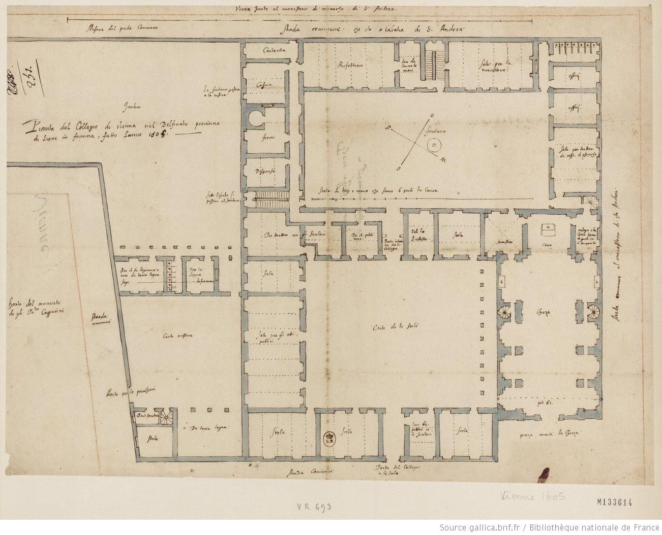 Plan d'ensemble avec l'église au sud, par E. Martellange, 1605 (B.n.F., Est., FOL-HD-4 (8))