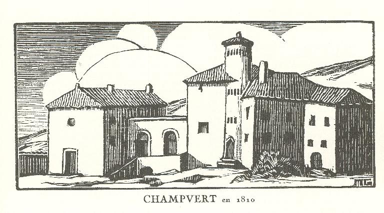 Champvert en 1810, dessin reproduit dans Salomon, Emile. Les Châteaux historiques du Lyonnais et du Beaujolais. p. 135.