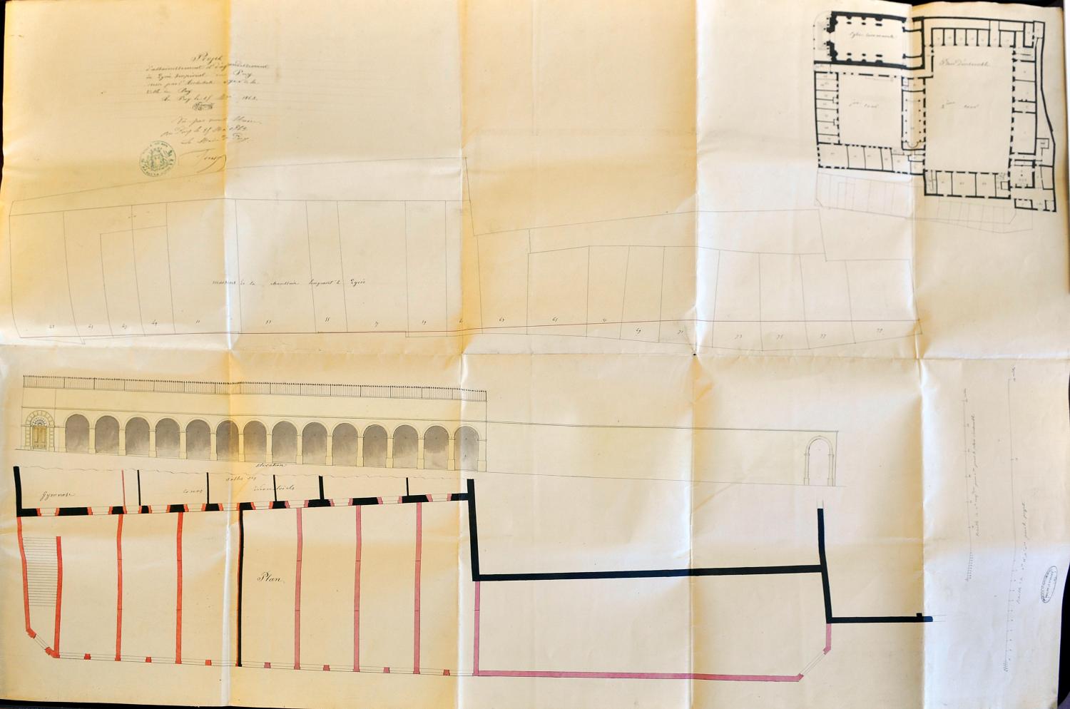 Projet d'agrandissement par V. Bellut, 1863 : plan d'ensemble (AD Haute-Loire, 157 O 4-7/1)
