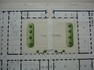 Plan des bâtiments et des cours, 1853 (détail de la cour d'entrée). Plan AC Lyon. Fonds des HCL ; 2NP673