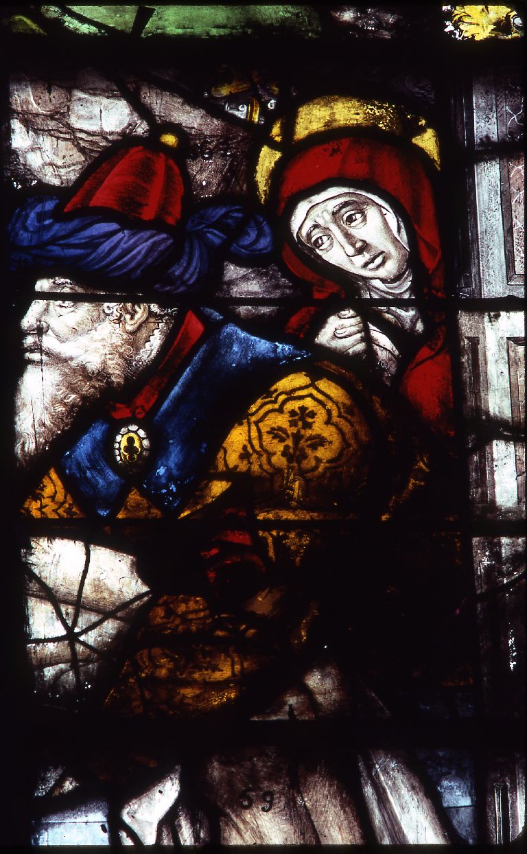 Verrière : calvaire, ensevelissement du Christ, les saintes femmes au tombeau, armoiries (baie 0), verrière figurée