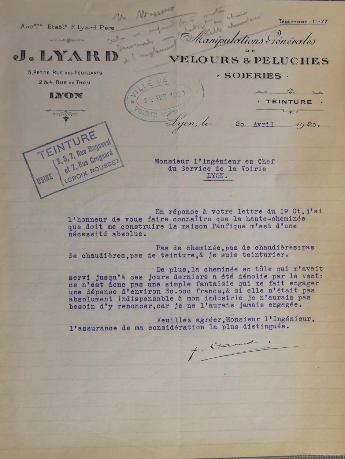 Tissage Berliet et Bellet, fabrique de satin puis  Ets Lyard fabricant de soieries et filature Hassebroucq (E. et G.) et Cie puis Usine de teinturerie, puis laboratoires Vétérilis produits vétérinaires actuellement Usine textile dite Patt S.A.