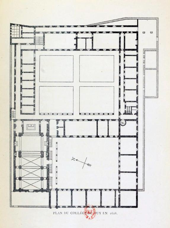 Plan du rez-de-chaussée par le frère Jean Claus, 1628 (repr. in Charvet, 1874) ; en 1628, seuls le corps de bâtiment nord de la cour des pères et l'église sont achevés
