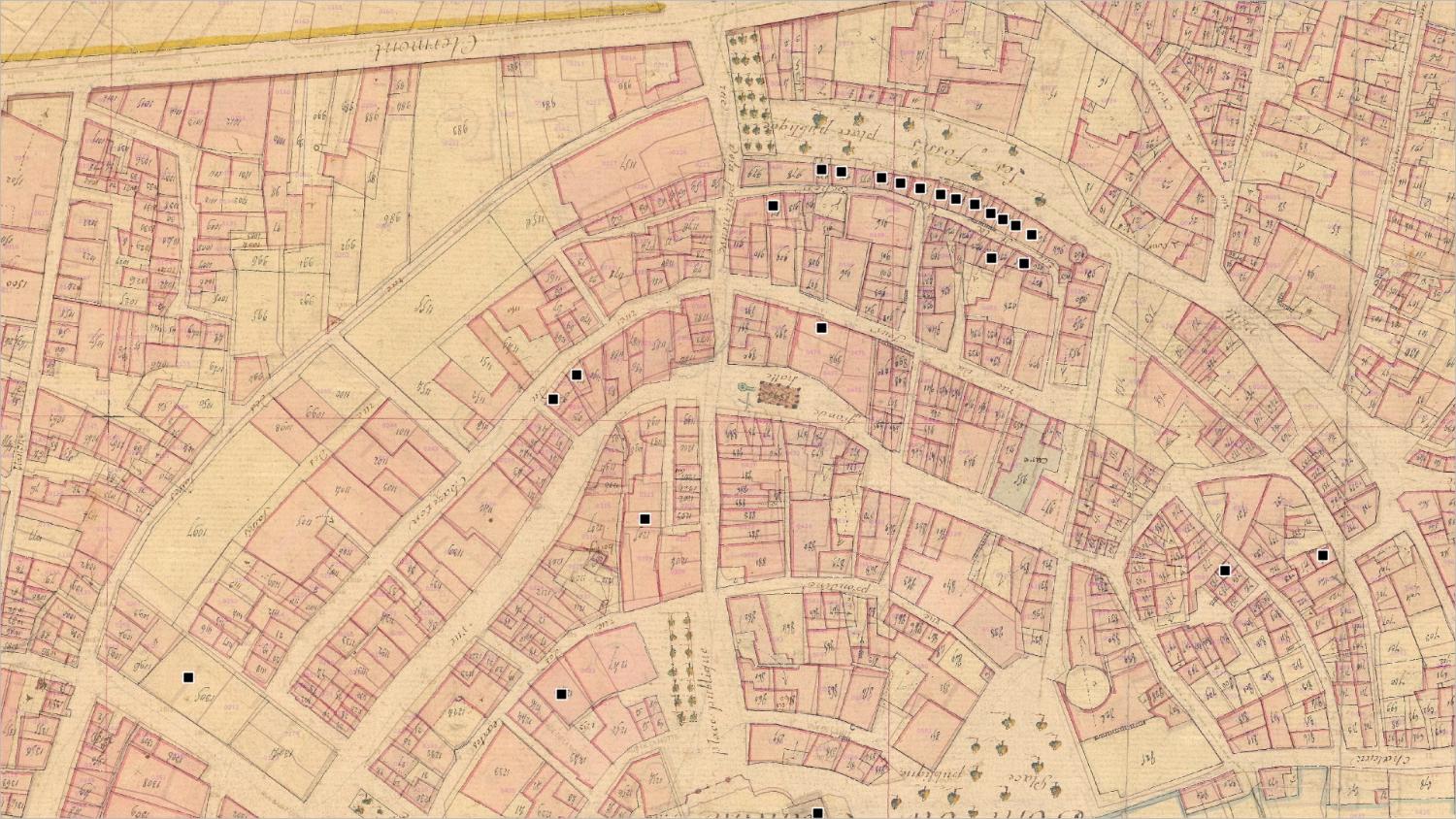 Commune de Pont-du-Château (nord) : localisation des maisons vigneronnes (cadastre dit napoléonien, 1825, AD Puy-de-Dôme, 51 Fi 958)