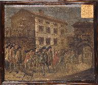tableaux (2) : la entrée dans la ville de Trévoux de la compagnie des arquebusiers au retour d' une chasse au renard faite le 8 décembre 1784, noce masquée de mademoiselle Denise Chuinague et de Monsieur Longin